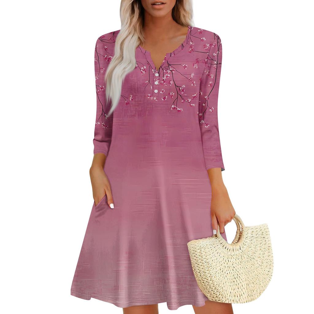 Women's Summer Dress Loose V Neck Three-quarter Sleeve Sundress With Pockets Dress