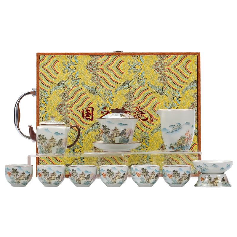 

Kung Fu Tea Set Ru Kiln Splendid Mountains and Rivers Teapot Cover Bowl Complete Set Gift Box Business Meeting Event Gifts