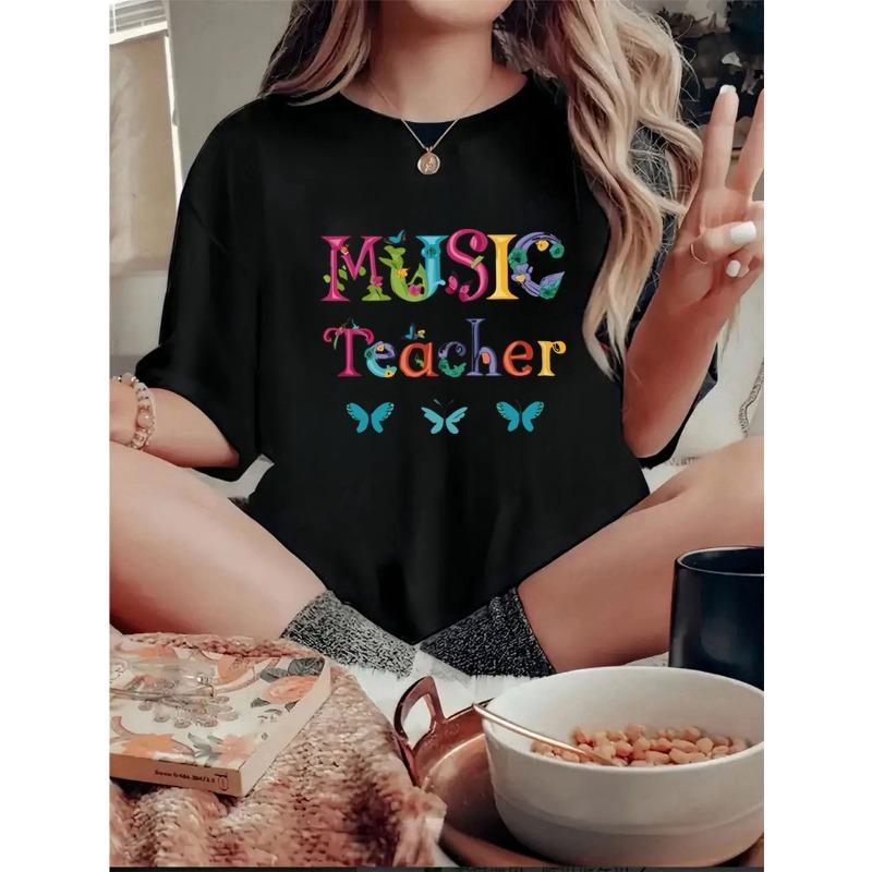 

Women s Music Teacher Graphic Print Casual Short Sleeve Top with Colorful Musical Notes & Butterflies,Spring Summer Fall Tee for Educator, S чёрный