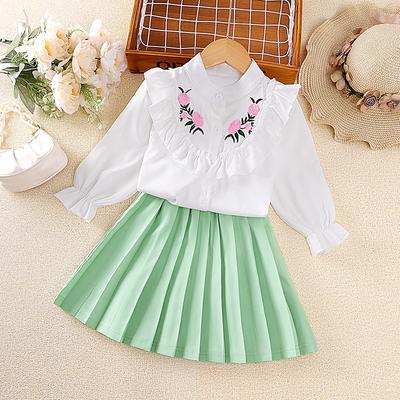 Girls' Fashion Set, Spring Children's Sweet Embroidered Long-sleeved Top, Pleated Skirt