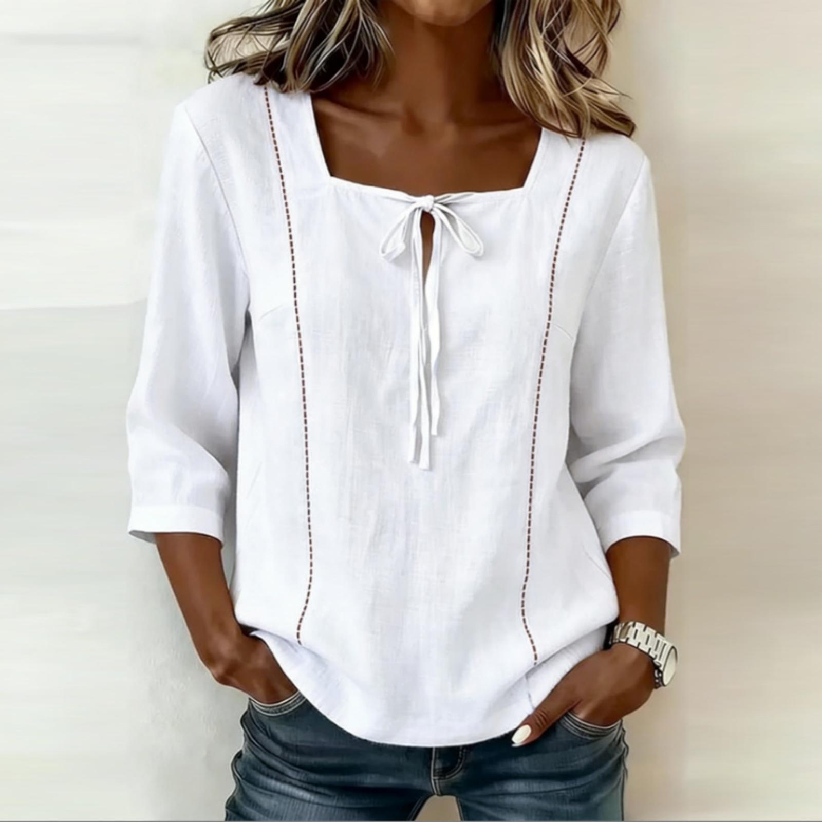 

Women Tie Neck Square Neckline Blouse Three Quarter Sleeve Casual Loose Fit Shirt Lightweight Breathable Fabric M