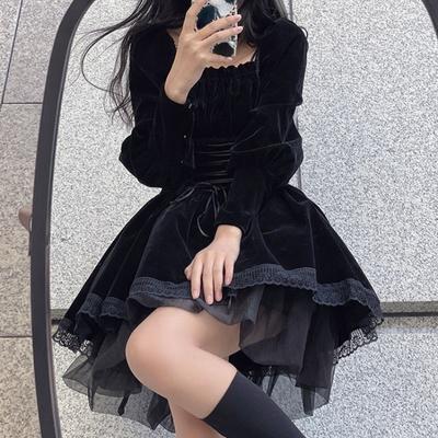 2022 Spring Black Velvet Y2k Mini Dress Woman Gothic Kawaii Lolita Dress Party Long Sleeve Korean Fashion Dress Lace Design Slim