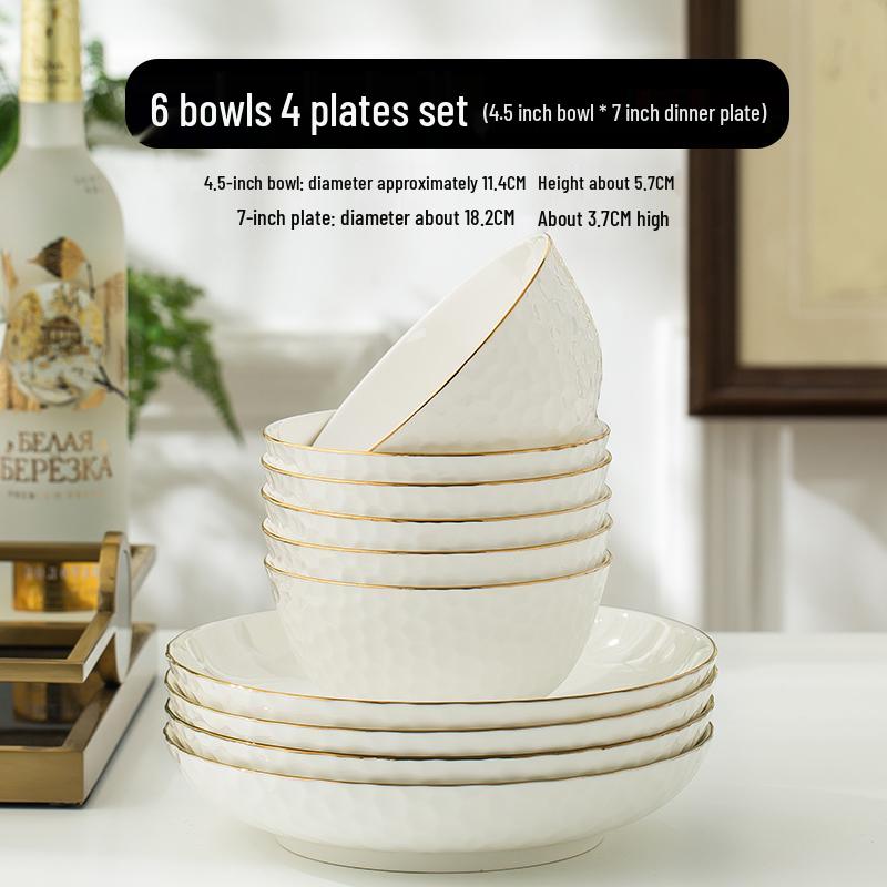

European Style Embossed Dinnerware Set: 10-Piece Gold-Edged Ceramic Plates and Bowls.