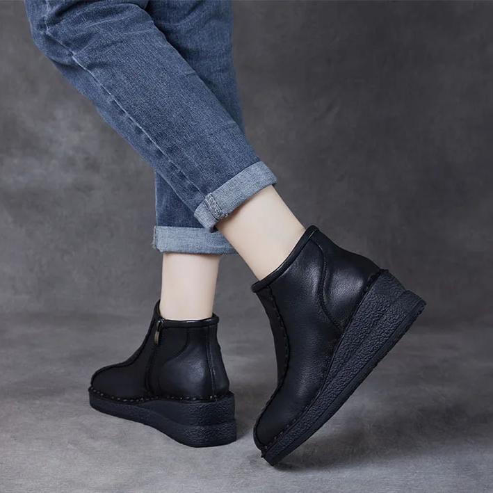 Johnature Retro Soft Soled Wedges Short Boots Genuine Leather Women's Shoes Round Toe Plush Cotton Boots