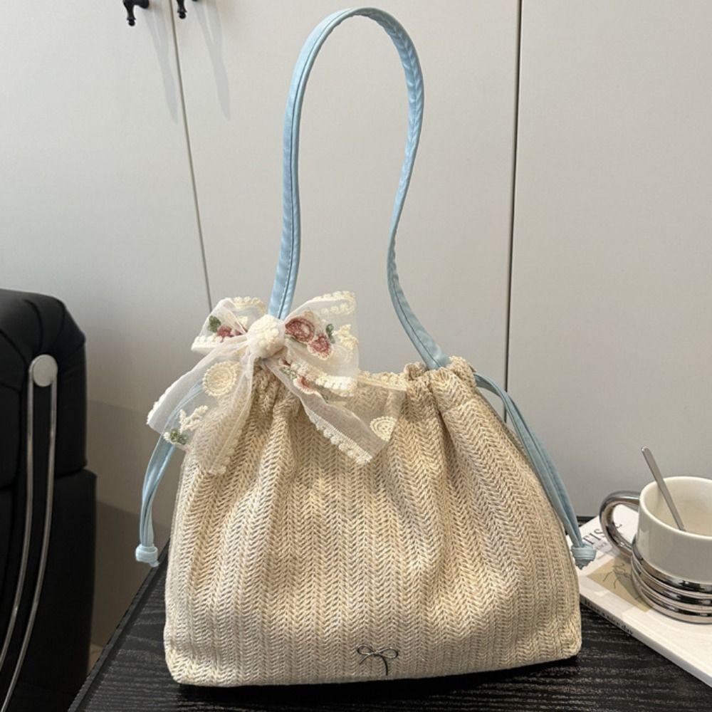 Bohemian Style Straw Woven Bag Bow Beach Shoulder Bag Trendy Grass Knitted Tote Bag Girls