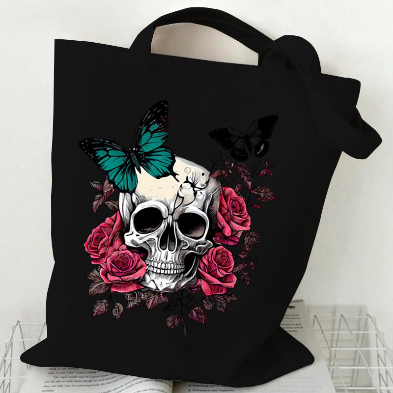 Skeleton Flower Pattern Canvas Shoulder Bag Vintage Flower Butterfly Print Tote Bags Retro Skull Butterfly Print Women's Handbag