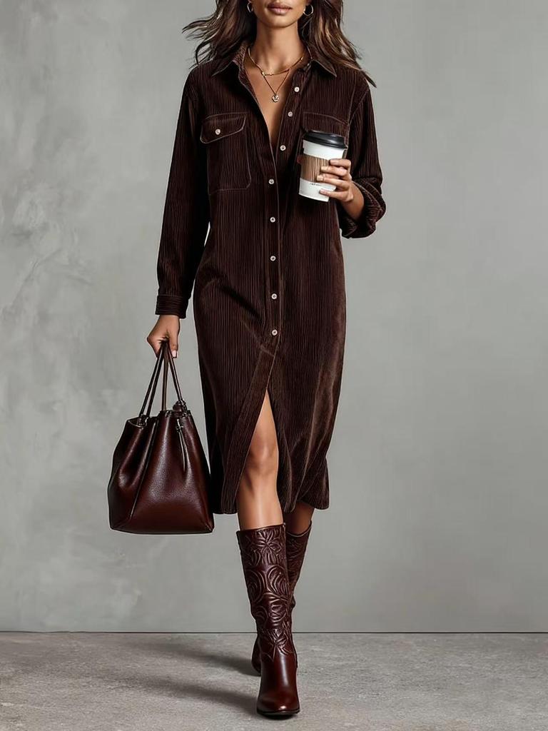 Corduroy Long-Sleeve Lapel Shirt & Loose Skirt Set - Solid Color, 2026 New Style