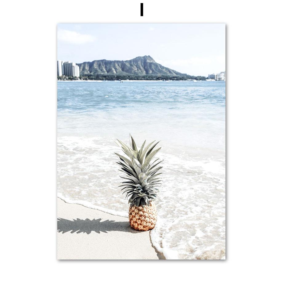 Фламінго Дошка для серфінгу Пляж Океанські хвилі Ракушка Настінне мистецтво Картини на полотні Тропічні плакати та принти Настінні картини для домашнього декору