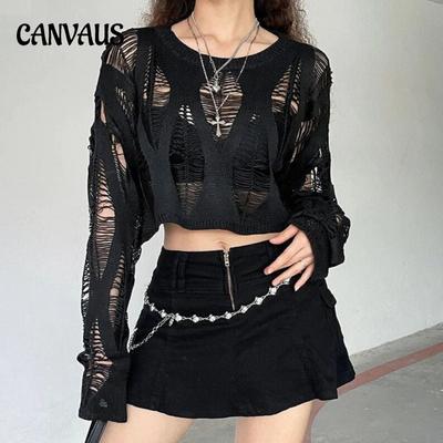 Hollow Out Pullovers Women Black Autumn Streetwear Personality Casual Loose Korean Style Fashion Solid Sexy Knitwear New Grunge
