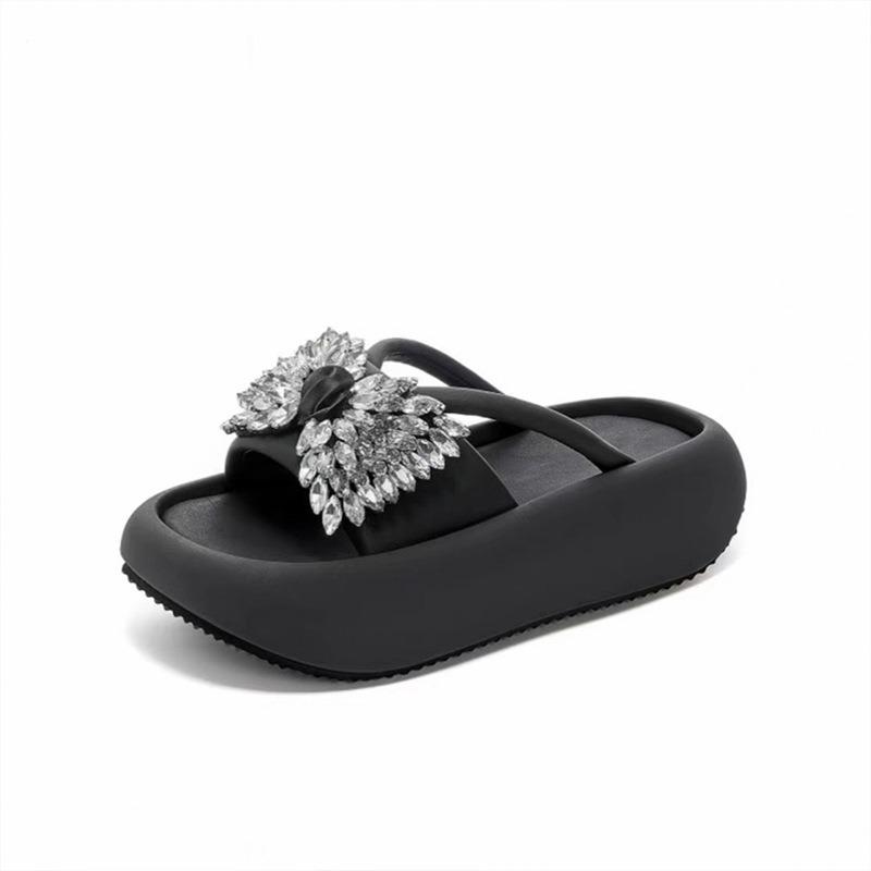 JX bow rhinestone thick-soled one-word slippers for women to wear new fashionable versatile casual beach slippers