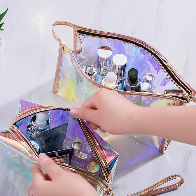 Borsa cosmetica olografica colorata da donna in TPU trasparente per trucco e bellezza