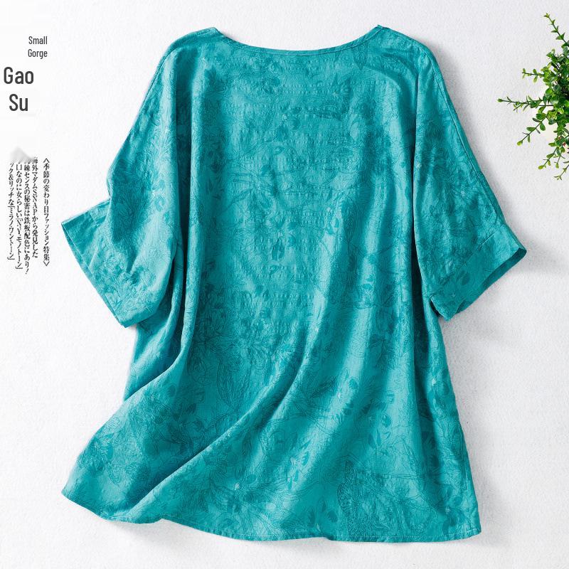 Bawełniano-lniana koszulka z krótkim rękawem, luźna, z okrągłym dekoltem, letnia, plus size