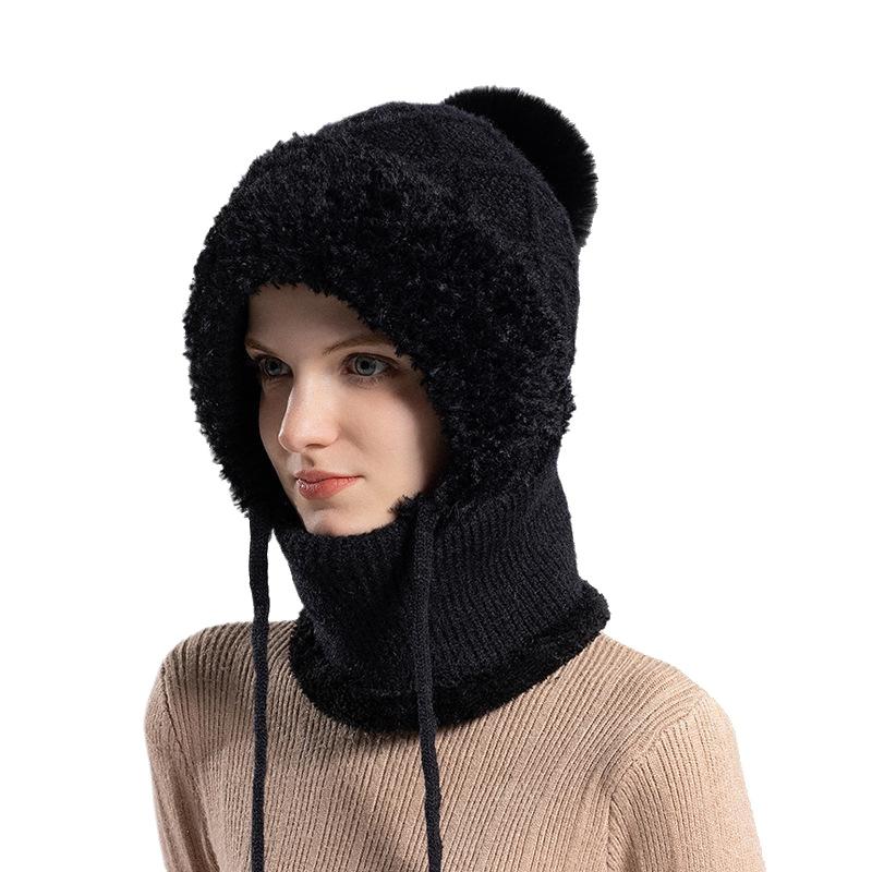 Winter Velvet Knitted Wool Hat Women's Ear Protection Hat Mask Scarf Integrated Thermal Pullover Hat