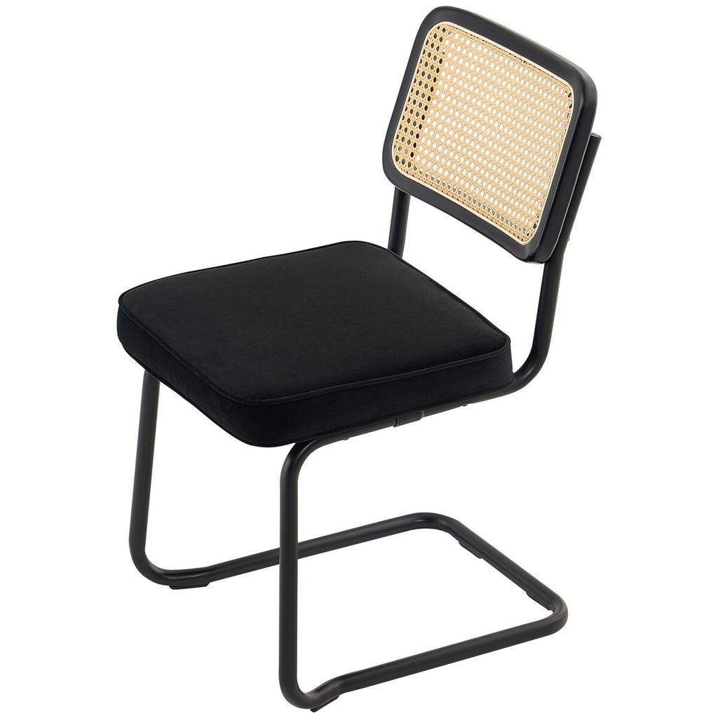 Rattan Chairs, Set of 2, Mid Century Modern Dining Chair, Upholstered Velvet Accent Chair with Rattan Back, Retro Dining Room Kitchen Chair for Living
