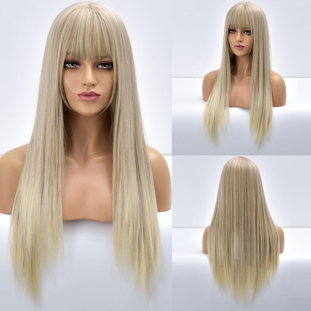 Natural Black Straight Synthetic Wigs For Women with Bangs 28Inch Daily Party Cosplay Wigs Heat Resistant Natural Hair Wig