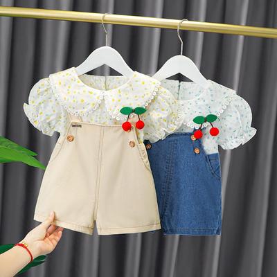 Summer Cute Floral Toddler Girl Two-piece Set: Short Sleeve T-shirt and Overalls Shorts