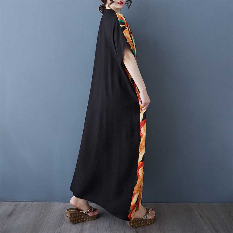 Colorful Patchwork Black Long Dress Vintage Robe