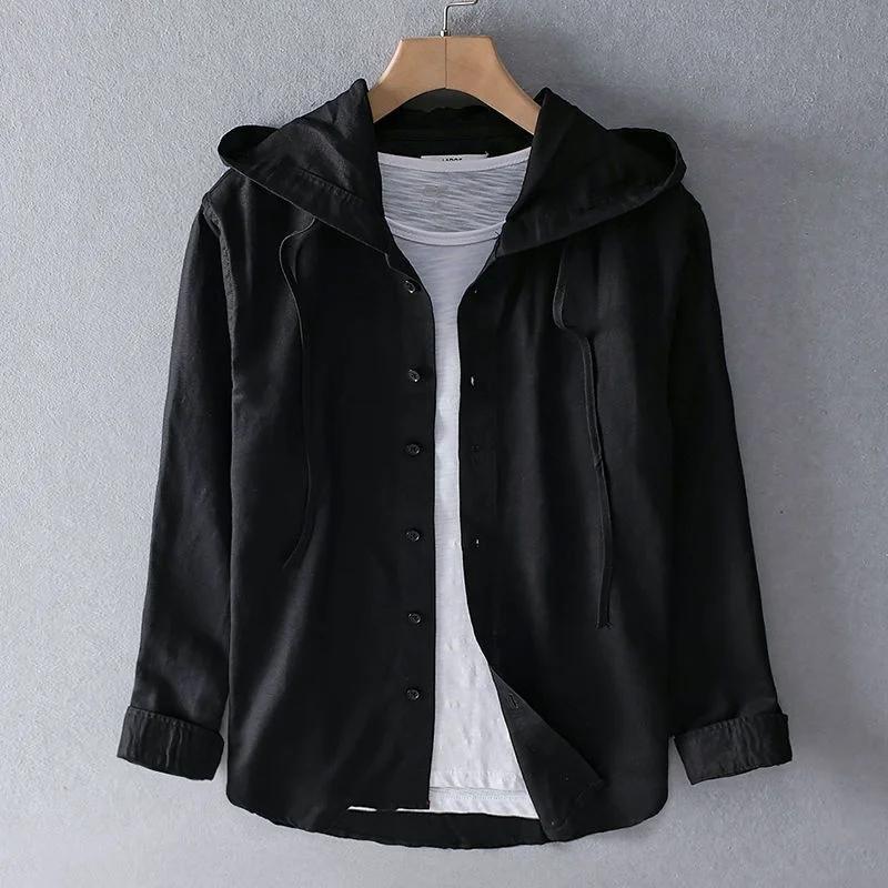 

Летняя льняная рубашка с капюшоном и длинным рукавом, мужская тонкая свободная модная хлопковая льняная рубашка, одежда, рубашки для мужчин XXXL чёрный