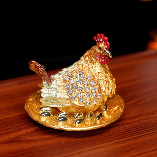 Rhinestone Chick Figurine Metal Simulated Hen Key Trinkets Jewelry Box Container Holder Home Office Desktop Decoration Ornament