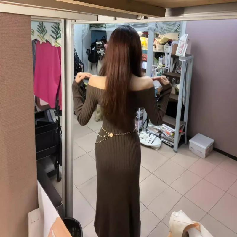 One-word Shoulder Knitted Exposed Collarbone Dress Women's Autumn and Winter New Slim-fitting Drape Versatile Bottom Dress