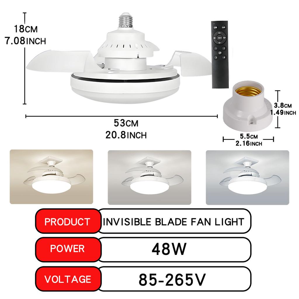 LED 48W ceiling fan light E27 with remote control for dimming, suitable for living room, study, household use, 85-265V