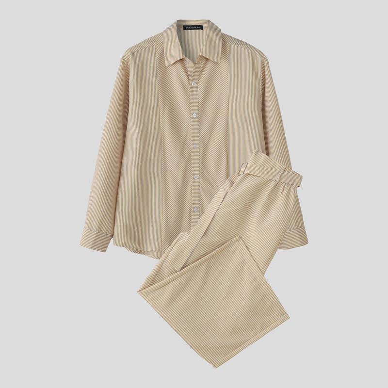 INCERUN 2PCS Men Striped Long Sleeve Shirts Long Pants Casual Outfits Sets