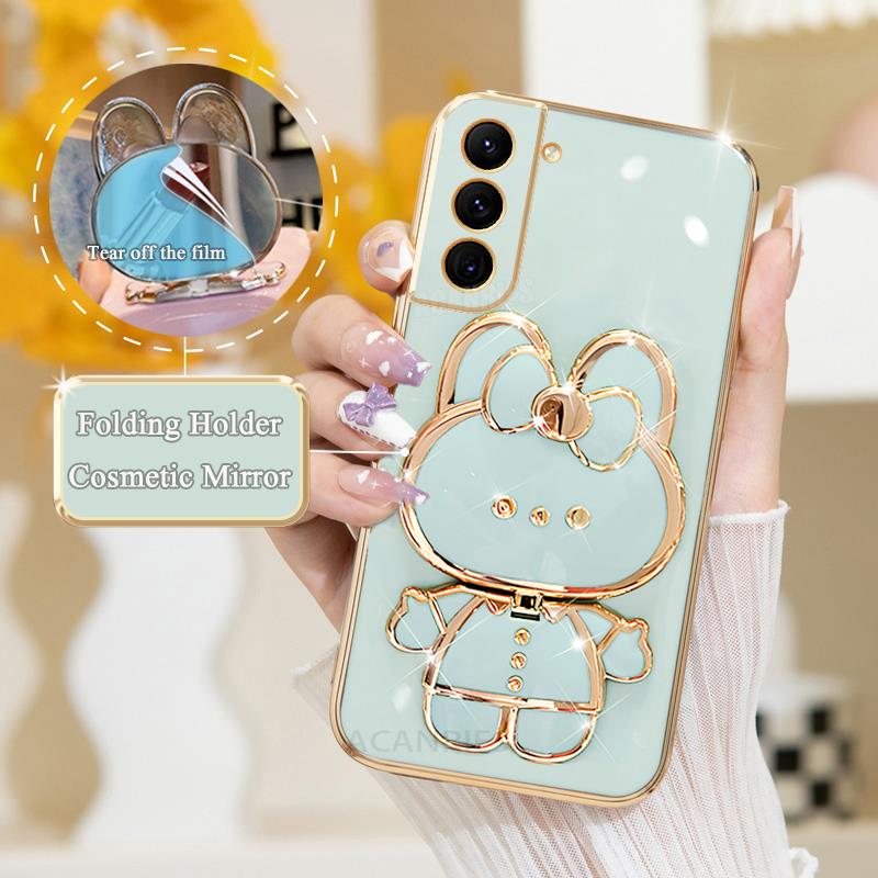 S 21 22 23 24 Luxury Plating Mirror Holder Case For Samsung Galaxy S21 S20 S23 Fe S22 Plus Ultra Silicone Stand Cover S21fe