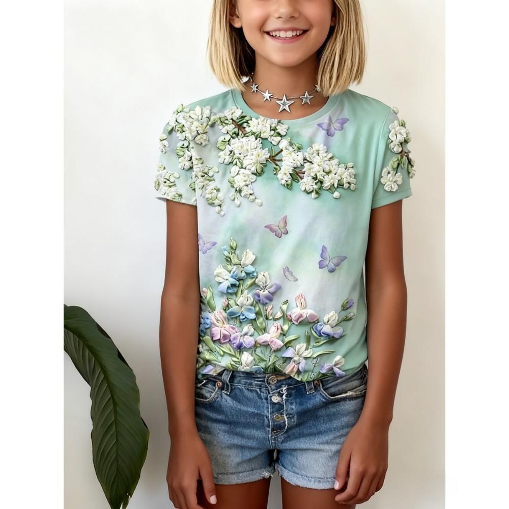 

Children s 3D Printing Leaf Patchworh T-shirts Girls Rose Flowers Fashion Soft Comfortable T-shirts Kids Top 170 белый/зелёный