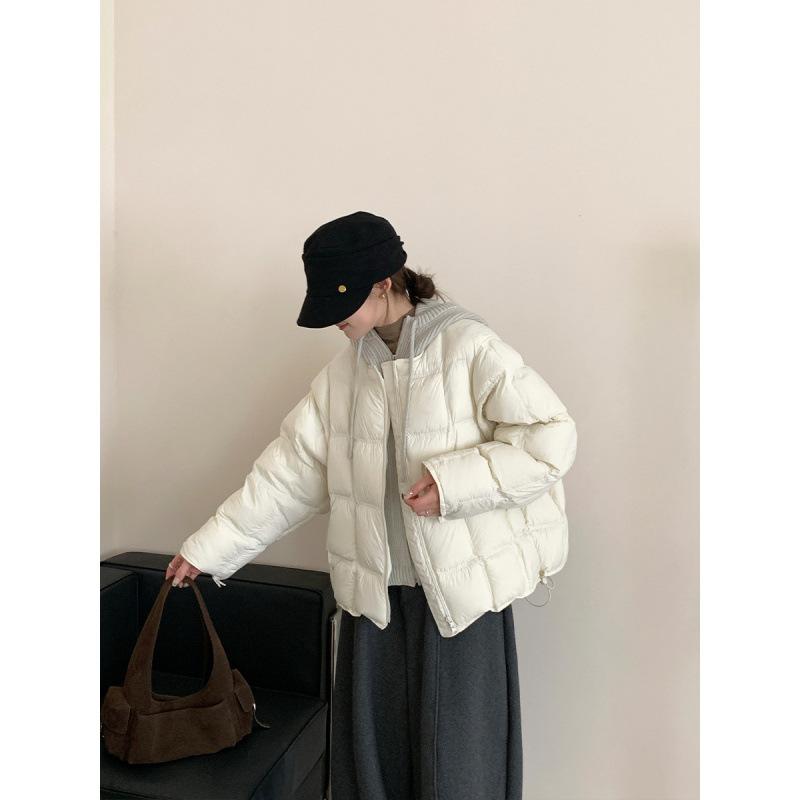 Hooded cotton-padded clothes knitted splicing down cotton-padded clothes for women's winter short loose warm thickened Korean jacket
