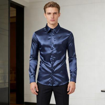 Frühling und Herbst Herren Satin Nachtclub Stil Einfarbig Glänzend Trend Langarm Hemd