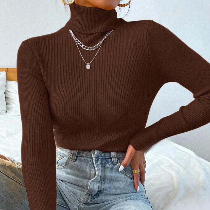2025 Women's High Neck Solid Color Knit Pullover Sweater