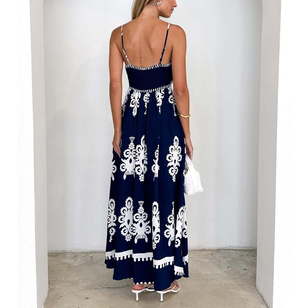 Women's Fashion Printed Summer Beach Dress Strap Bohemian Long Dress