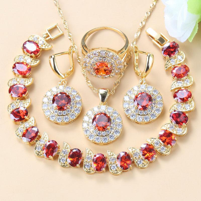 Simple Round Bridal Four-Piece Suit White Zircon Crystal Gold Color Women Jewelry Sets Dangle Earrings/Bracelet/Ring 6-Colors