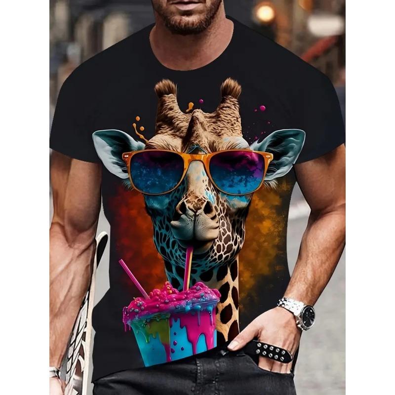 Colorful Giraffe Pattern T Shirt For Men Colorful Animal 3D Print Short Sleeve Tees Summer Street Loose Tops Round Neck T-Shirts