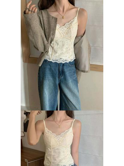 Gebürstetes warmes V-Ausschnitt-Camisole aus französischer Spitze mit Brustpolstern für Herbst & Winter