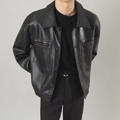 Modna męska czarna skórzana kurtka - 2023 styl koreański, slim fit, casualowy uniwersalny design.