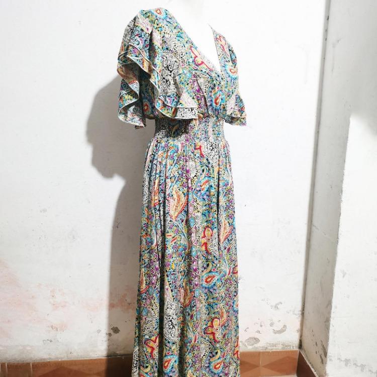 Dámské letní šaty s květinovým potiskem, výstřihem do V, volánovými krátkými rukávy, ležérní, s vysokým pasem, áčkového střihu, bez zad, s rozparkem, ke kotníkům, jarní šaty