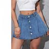 Women's High Waist Button Front Pleated Denim Mini Skirt Vintage College Raw Fringe Hem Short Skirt