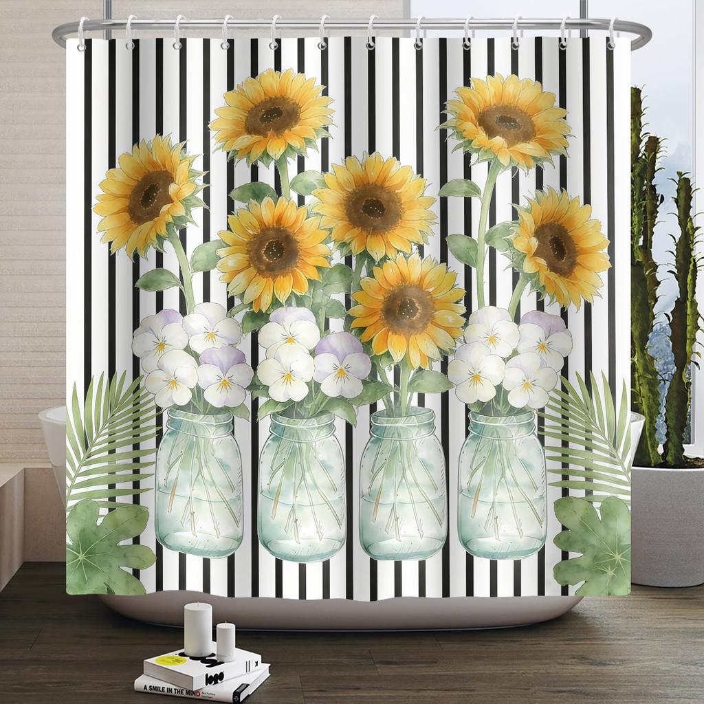 Country Sunflower Theme Waterproof Shower Curtain Wood Texture Barn Door Design Rustic Farmhouse Vintage Style Bathroom Decor