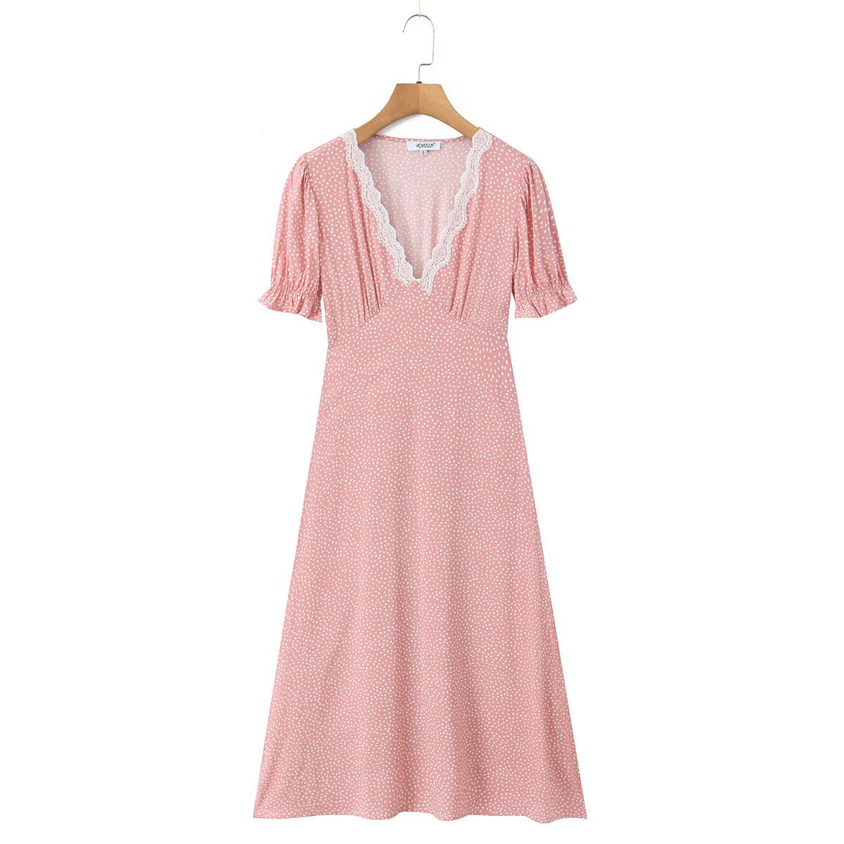 

2025 Autumn/Winter Women s Lace Patchwork Polka Dot Short-Sleeve Dress Small (S) рожевий