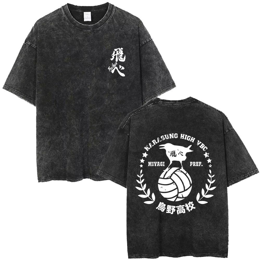 Washed Vintage Anime Haikyuu Bokuto Kotaro Double Sided Print T-shirt Casual Oversized T Shirts Cotton T-shirts Unisex
