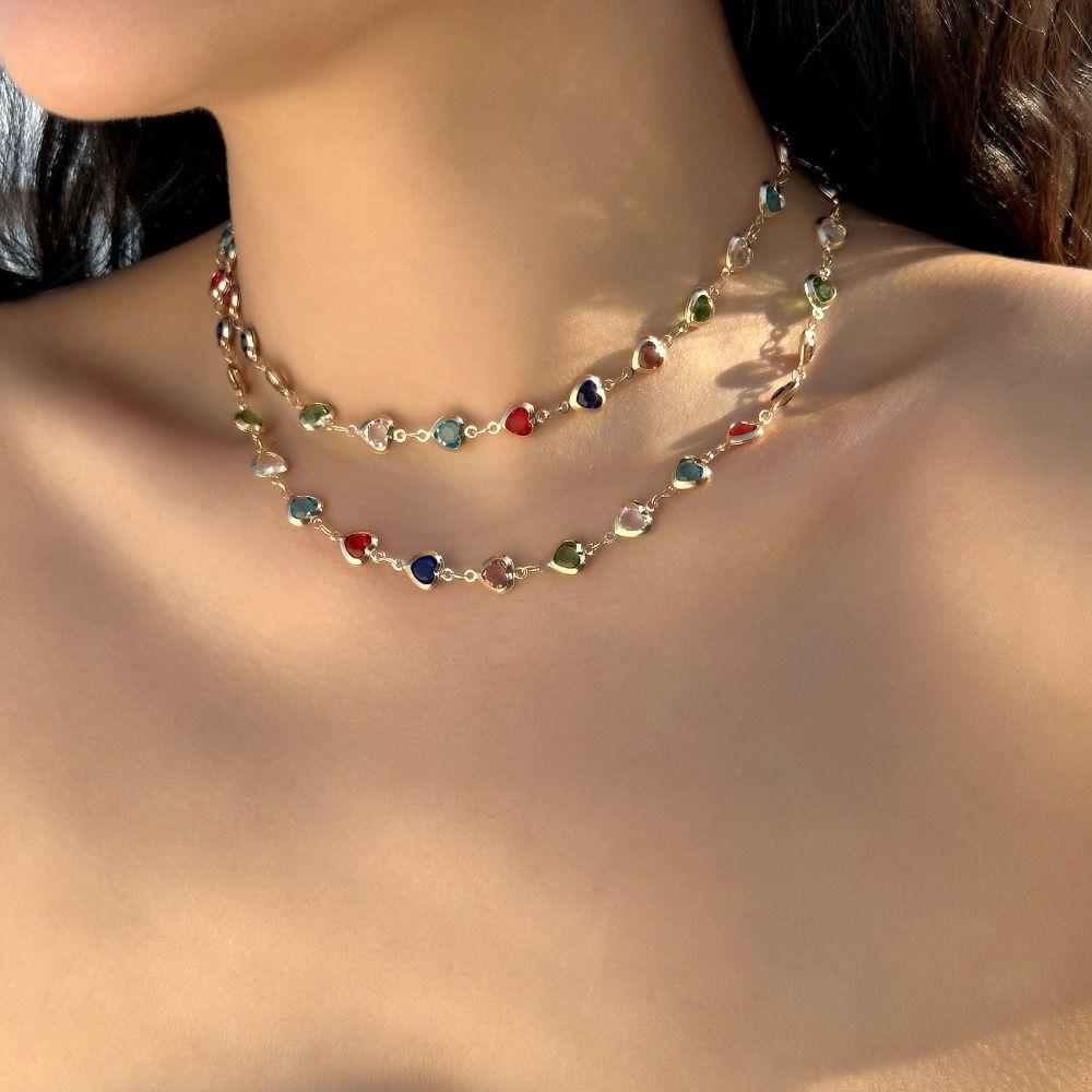 Copper Heart Crystal Necklace Gold Women Long Necklace Creative Retro Clavicle Chain  Women
