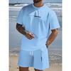 Men's Novel Fashion Set - Light Blue Short Sleeved T-shirt and Black Shorts with "Paris" Print, Summer Casual Beach Wear, Machine Washable, Beach Wear