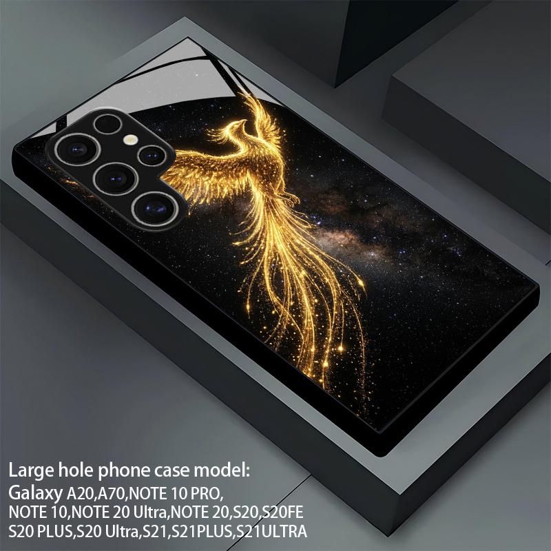 Star Dust Golden Feather Phoenix Pattern 2D Phone Case for Samsung S26 S25 S24 S23 S22 S21 S20 Tempered Glass Protective Cover