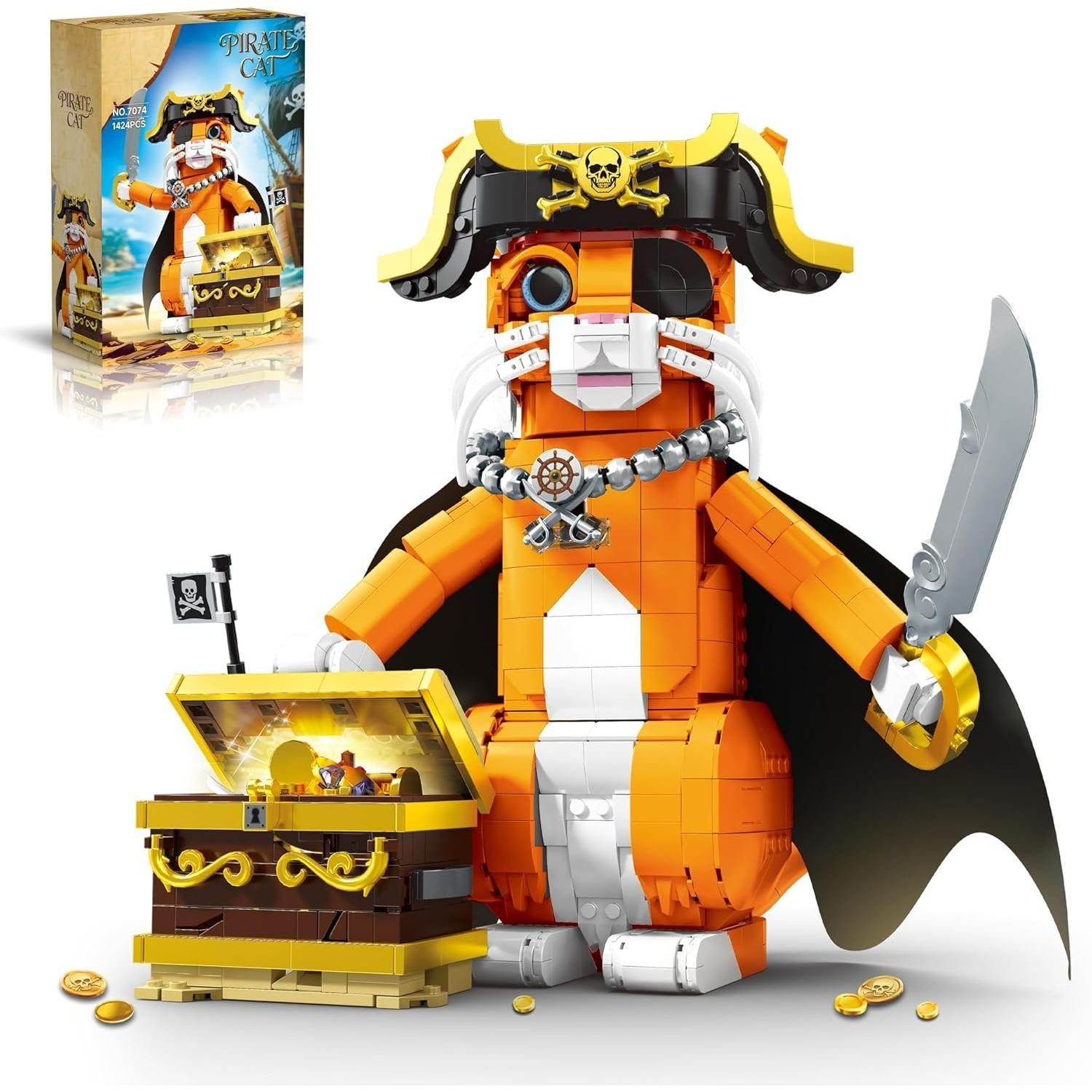 

Pirate Cat Building Set with Treasure & Hat for Adults, Compatible with Lego Animal Caribbean Captain Orange Model Kit Collection for Adults - 1424PCS Z14