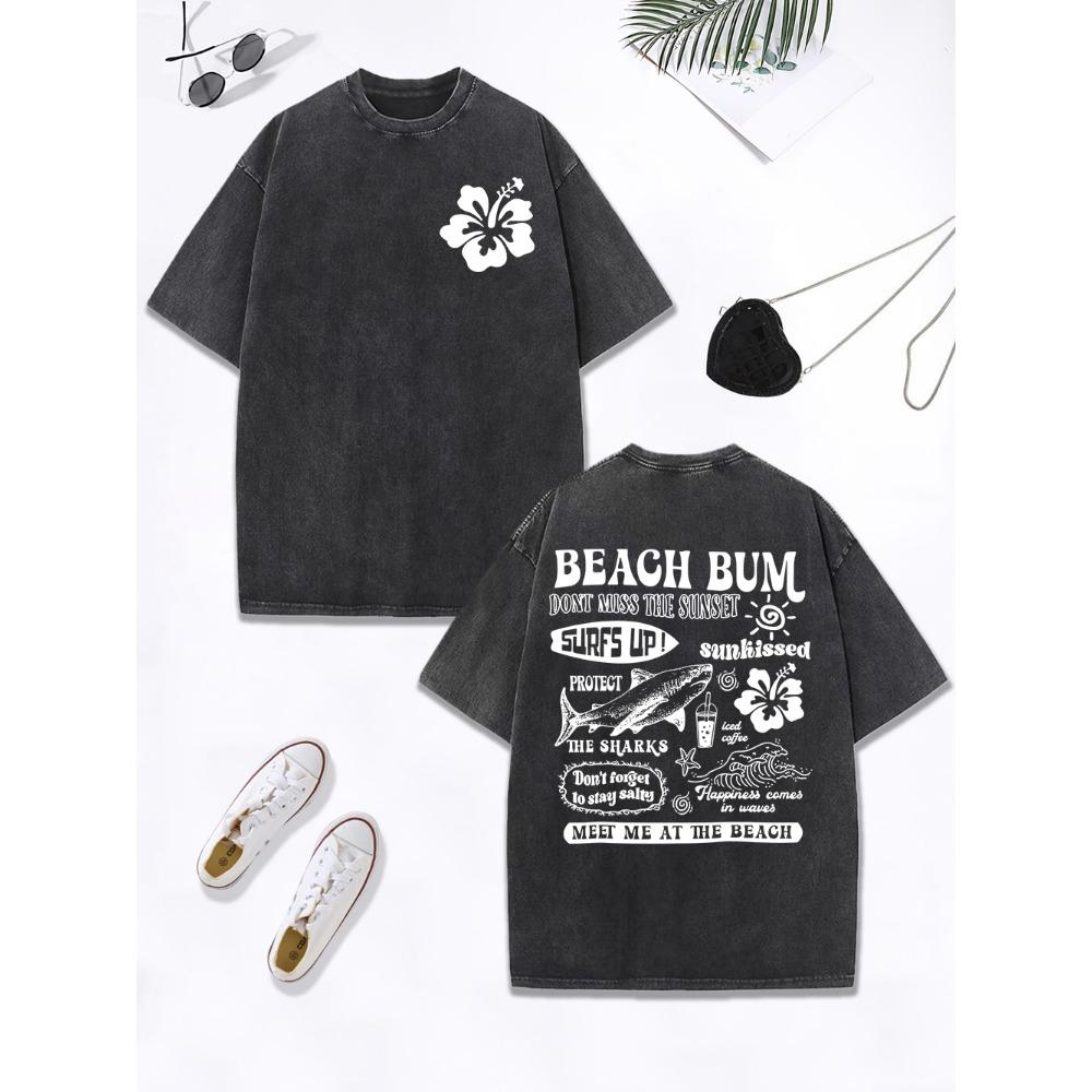 Západ slunce na pláži Surfujme Sejdeme se Potisky Prané tričko Dámské Bavlněné Nadměrné topy Street Opotřebované O-výstřih Tričko Oblečení