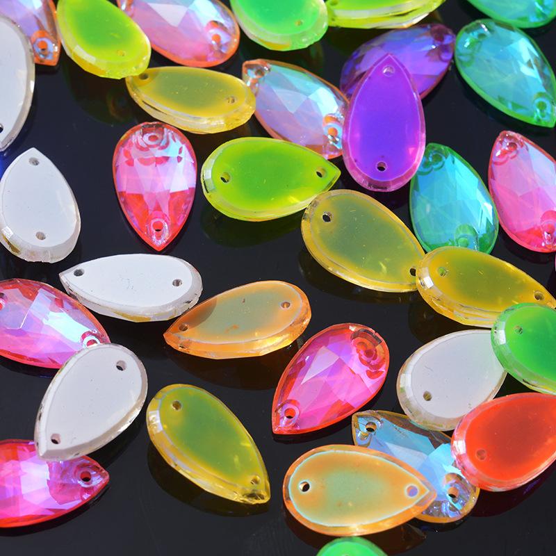 K9 Weichen Water Drop-Shaped Fluorescent Boutique Inverted Edge Glass Flat Buckle Glass Hand Seam Drill, Double Hole Flat Bottom Drill Diy Accessories