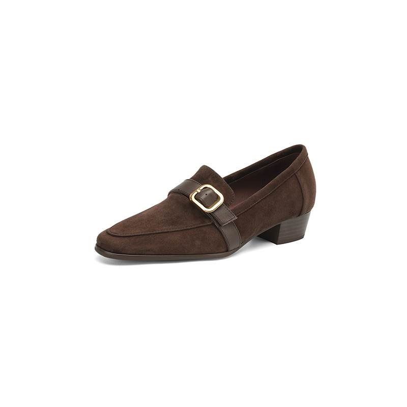 Krazing Pot Sheep Suede Autumn Winter Shoes Metal Buckle Loafers Med Heels Slip on Size 42 Round Toe Slip on Deep Mouth Pumps