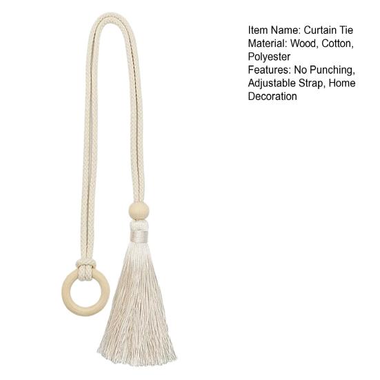 Wooden Ring Tassels Curtain Tieback, Adjustable Window Curtain Holders Ties Backs, No Drill Drape Curtain Holdbacks for Home Bedroom Decor