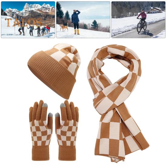 3 st/set Unisex Vintermössa Halsduk Handskar Set Förtjockad Varm Mössa Rutigt Tryck Elastiska Pekskärmshandskar Vindtät Vinter Utomhus Cykling Kupolhatt